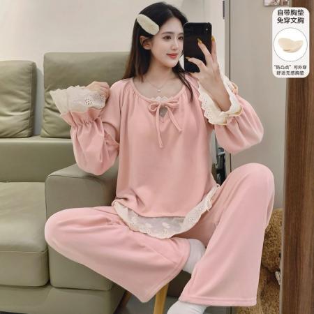 FA50363# 冬季直播爆款羊绒带胸垫粉色蕾丝花边高定宽松休闲可外穿家居服 服裝批發女裝批發服飾貨源