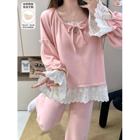 FA50363# 冬季直播爆款羊绒带胸垫粉色蕾丝花边高定宽松休闲可外穿家居服 服裝批發女裝批發服飾貨源