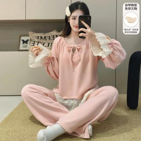 FA50363# 冬季直播爆款羊绒带胸垫粉色蕾丝花边高定宽松休闲可外穿家居服 服裝批發女裝批發服飾貨源