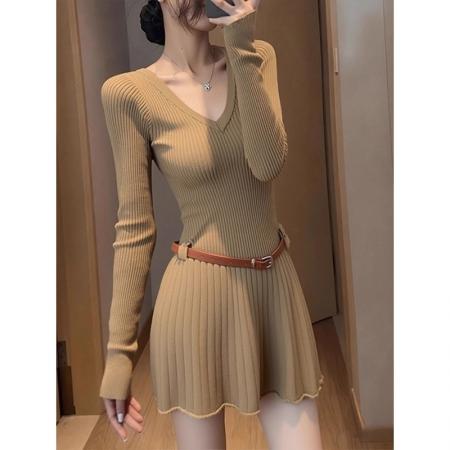 FA50367# 法式轻熟风v领长袖针织连衣裙女带腰带高级感秋冬收腰显瘦a字短裙 服裝批發女裝批發服飾貨源