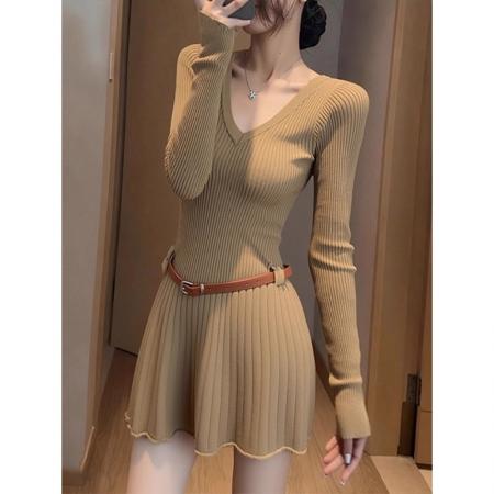 FA50367# 法式轻熟风v领长袖针织连衣裙女带腰带高级感秋冬收腰显瘦a字短裙 服裝批發女裝批發服飾貨源