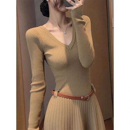 FA50367# 法式轻熟风v领长袖针织连衣裙女带腰带高级感秋冬收腰显瘦a字短裙 服裝批發女裝批發服飾貨源