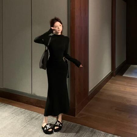 FA50373# 纯欲辣妹圆领磨毛长袖连衣裙女显瘦时尚气质包臀长裙 服裝批發女裝批發服飾貨源