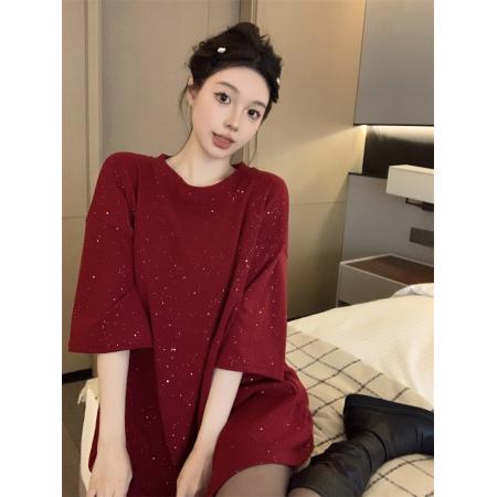 FA50374# 秋冬加厚长款短袖T恤裙重工烫钻宽松纯色圆领上衣 服裝批發女裝批發服飾貨源