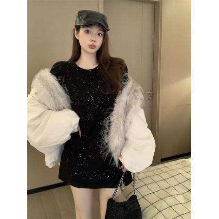 FA50374# 秋冬加厚长款短袖T恤裙重工烫钻宽松纯色圆领上衣 服裝批發女裝批發服飾貨源