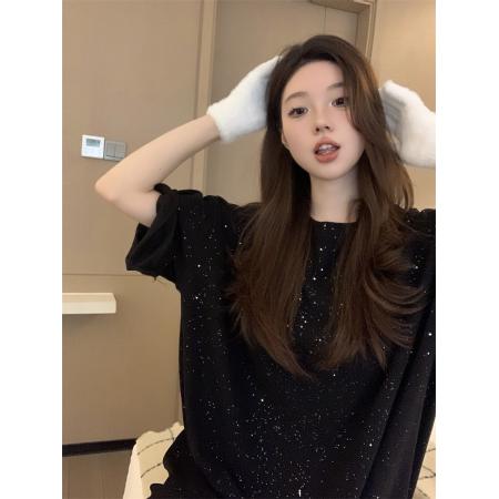 FA50374# 秋冬加厚长款短袖T恤裙重工烫钻宽松纯色圆领上衣 服裝批發女裝批發服飾貨源