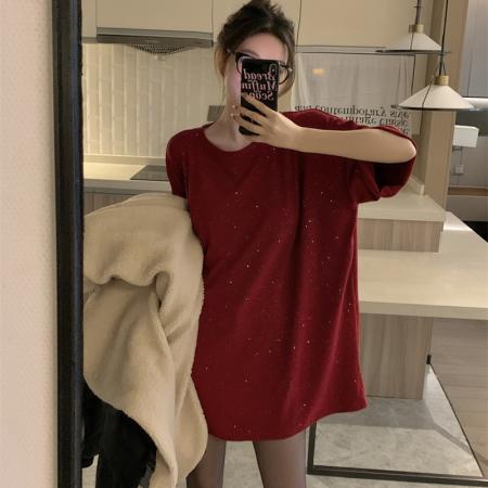 FA50374# 秋冬加厚长款短袖T恤裙重工烫钻宽松纯色圆领上衣 服裝批發女裝批發服飾貨源