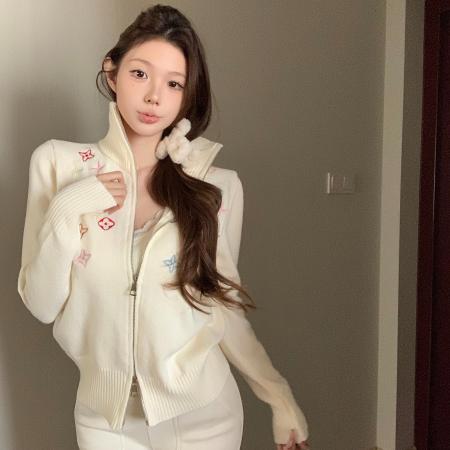 FA50375# 高端彩色刺绣双拉链外套女高领加厚宽松显瘦气质上衣 服裝批發女裝批發服飾貨源