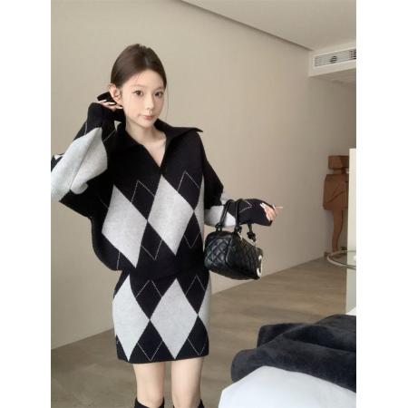 FA50377# 慵懒风V领菱格圣诞针织衫高腰针织半身裙套装 服裝批發女裝批發服飾貨源