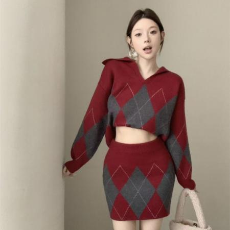 FA50377# 慵懒风V领菱格圣诞针织衫高腰针织半身裙套装 服裝批發女裝批發服飾貨源