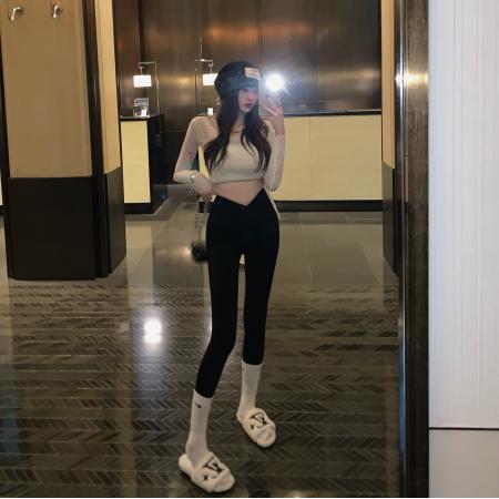 FA50378# 高腰提臀显瘦弹力修身外穿交叉腰打底裤女瑜伽裤 服裝批發女裝批發服飾貨源