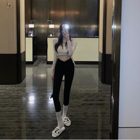 FA50378# 高腰提臀显瘦弹力修身外穿交叉腰打底裤女瑜伽裤 服裝批發女裝批發服飾貨源