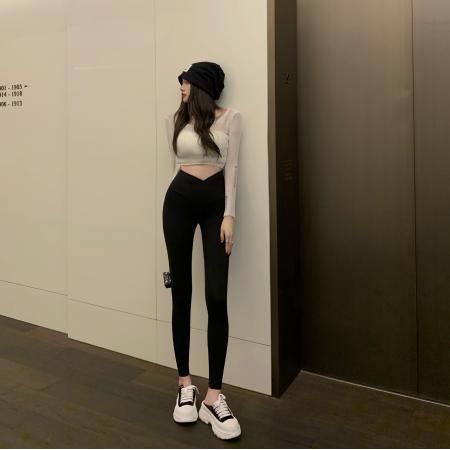 FA50378# 高腰提臀显瘦弹力修身外穿交叉腰打底裤女瑜伽裤 服裝批發女裝批發服飾貨源