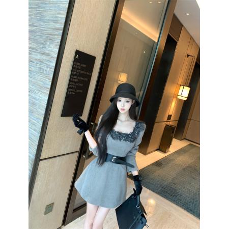 FA50383# 重工蕾丝拼接收腰雪花绒长袖腰带连衣裙女 服裝批發女裝批發服飾貨源