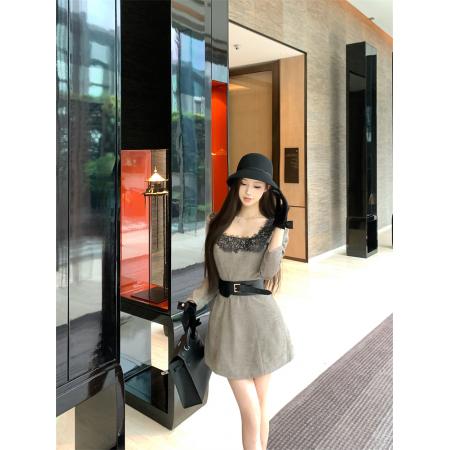 FA50383# 重工蕾丝拼接收腰雪花绒长袖腰带连衣裙女 服裝批發女裝批發服飾貨源