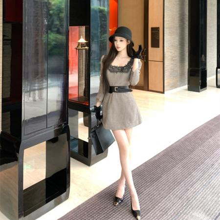 FA50383# 重工蕾丝拼接收腰雪花绒长袖腰带连衣裙女 服裝批發女裝批發服飾貨源