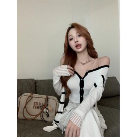 FA50384# 加袖绑带一字领上衣天丝条纹叠穿针织开衫女 服裝批發女裝批發服飾貨源