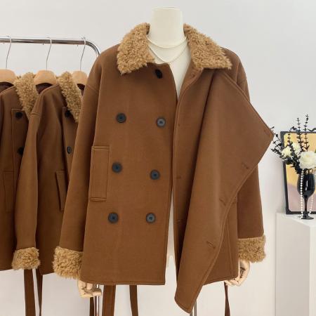 FA50385# 毛领加厚毛呢大衣外套女士小个子高级+阔腿裤 服裝批發女裝批發服飾貨源