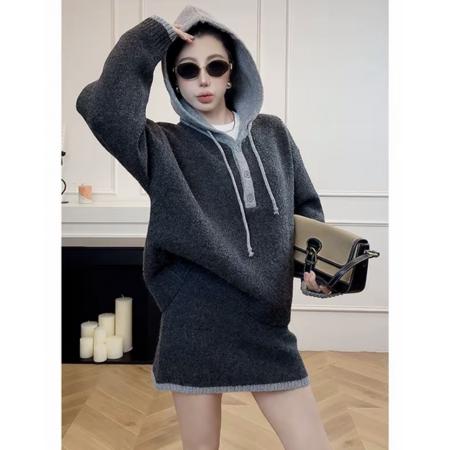 FA50392# 高品质秋冬连帽毛衣女两件套毛衣 服裝批發女裝批發服飾貨源