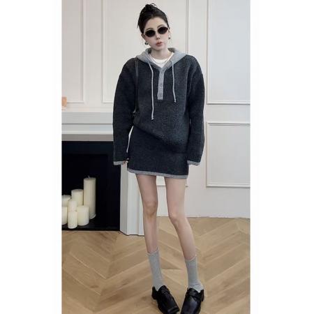 FA50392# 高品质秋冬连帽毛衣女两件套毛衣 服裝批發女裝批發服飾貨源