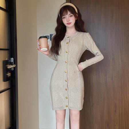 FA50393# 小香风针织连衣裙小个子女生轻熟长袖中长款打底毛衣裙秋冬 服裝批發女裝批發服飾貨源