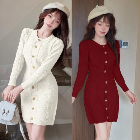 FA50393# 小香风针织连衣裙小个子女生轻熟长袖中长款打底毛衣裙秋冬 服裝批發女裝批發服飾貨源