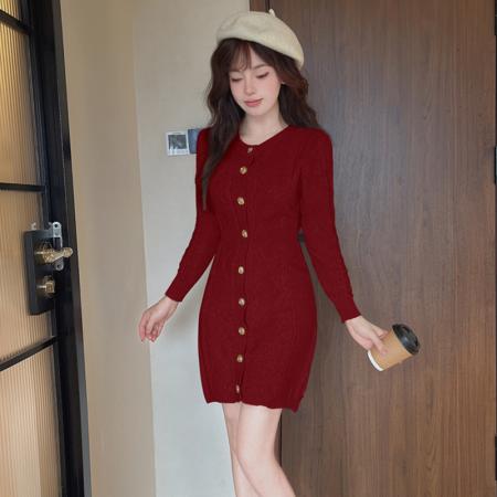 FA50393# 小香风针织连衣裙小个子女生轻熟长袖中长款打底毛衣裙秋冬 服裝批發女裝批發服飾貨源