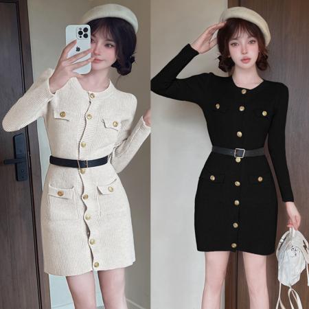 FA50394# 小个子加厚长袖毛衣裙子女神秋冬小香风收腰单排扣针织连衣裙 服裝批發女裝批發服飾貨源