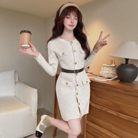 FA50394# 小个子加厚长袖毛衣裙子女神秋冬小香风收腰单排扣针织连衣裙 服裝批發女裝批發服飾貨源