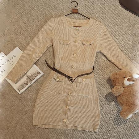 FA50394# 小个子加厚长袖毛衣裙子女神秋冬小香风收腰单排扣针织连衣裙 服裝批發女裝批發服飾貨源