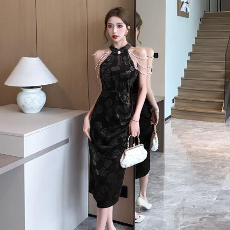 FA50397# 复古收腰性感礼服长裙法式修身裙子女装丝绒旗袍连衣裙新款 服裝批發女裝批發服飾貨源