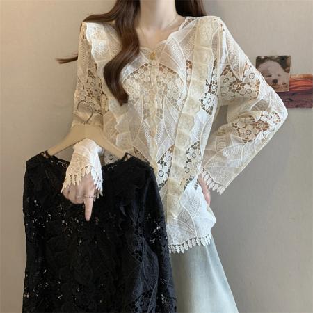 FA50401# ～大码衬衣蕾丝刺绣镂空气质春季百搭别致设计感长袖上衣 服裝批發女裝批發服飾貨源