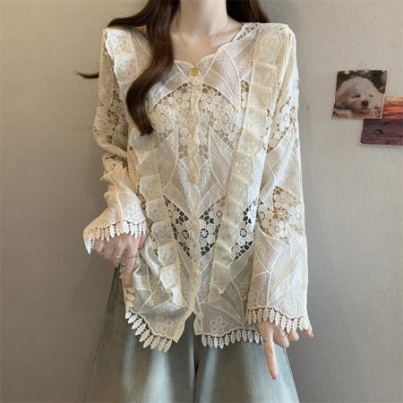 FA50401# ～大码衬衣蕾丝刺绣镂空气质春季百搭别致设计感长袖上衣 服裝批發女裝批發服飾貨源