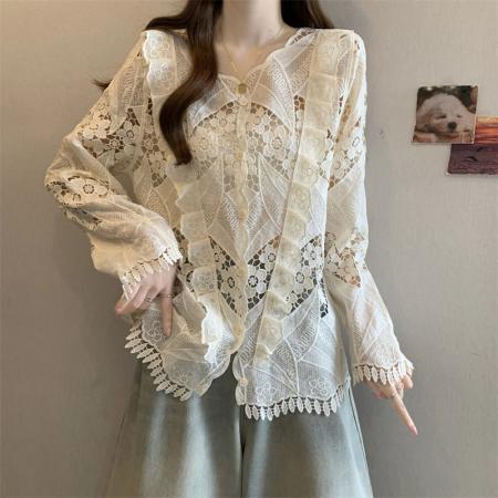 FA50401# ～大码衬衣蕾丝刺绣镂空气质春季百搭别致设计感长袖上衣 服裝批發女裝批發服飾貨源