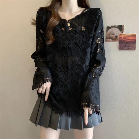 FA50401# ～大码衬衣蕾丝刺绣镂空气质春季百搭别致设计感长袖上衣 服裝批發女裝批發服飾貨源