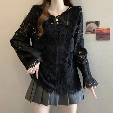 FA50401# ～大码衬衣蕾丝刺绣镂空气质春季百搭别致设计感长袖上衣 服裝批發女裝批發服飾貨源
