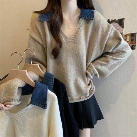 FA50402# ～大码设计感小众套头毛衣拼接牛仔高级感卷边假两件针织上衣 服裝批發女裝批發服飾貨源