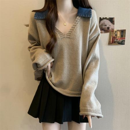 FA50402# ～大码设计感小众套头毛衣拼接牛仔高级感卷边假两件针织上衣 服裝批發女裝批發服飾貨源