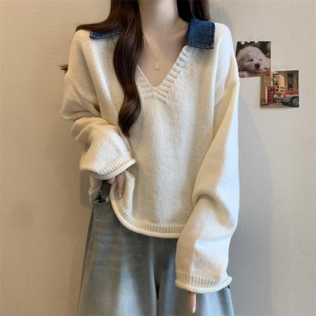 FA50402# ～大码设计感小众套头毛衣拼接牛仔高级感卷边假两件针织上衣 服裝批發女裝批發服飾貨源
