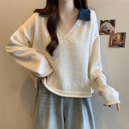 FA50402# ～大码设计感小众套头毛衣拼接牛仔高级感卷边假两件针织上衣 服裝批發女裝批發服飾貨源