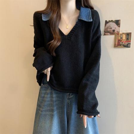 FA50402# ～大码设计感小众套头毛衣拼接牛仔高级感卷边假两件针织上衣 服裝批發女裝批發服飾貨源