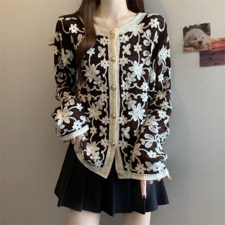 FA50403# ～大码钩花镂空针织开衫外套女显瘦巨好看独特漂亮上衣 服裝批發女裝批發服飾貨源