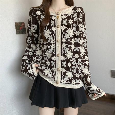 FA50403# ～大码钩花镂空针织开衫外套女显瘦巨好看独特漂亮上衣 服裝批發女裝批發服飾貨源