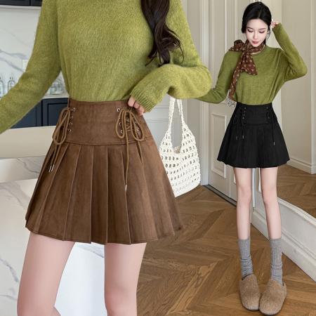 FA50404# 秋冬新款麂皮绒复古双边绑绳系带半身裙显瘦百褶裙小个子短裙 服裝批發女裝批發服飾貨源