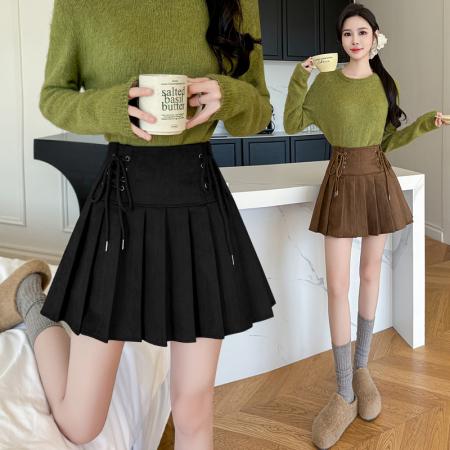 FA50404# 秋冬新款麂皮绒复古双边绑绳系带半身裙显瘦百褶裙小个子短裙 服裝批發女裝批發服飾貨源