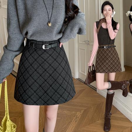 FA50405# 秋冬新款加厚毛呢复古大格子小个子包裙子防走光A字裙一步裙 服裝批發女裝批發服飾貨源