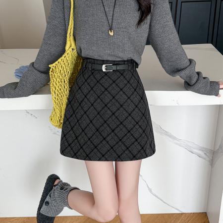 FA50405# 秋冬新款加厚毛呢复古大格子小个子包裙子防走光A字裙一步裙 服裝批發女裝批發服飾貨源
