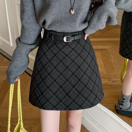 FA50405# 秋冬新款加厚毛呢复古大格子小个子包裙子防走光A字裙一步裙 服裝批發女裝批發服飾貨源