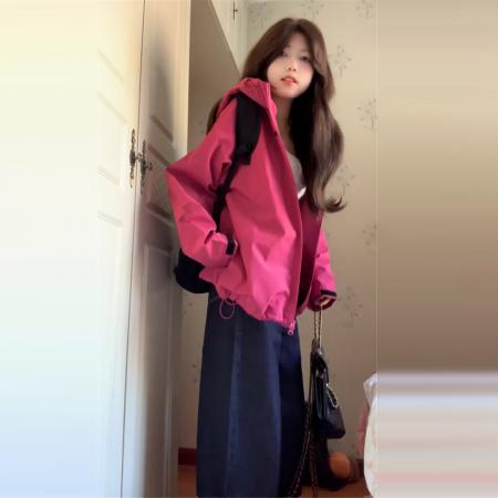 FA50408# 玫红色冲锋衣外套女登山服新款夏季防晒衣美式秋户外运动穿搭 服裝批發女裝批發服飾貨源