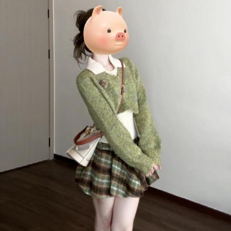 FA50409# 森系甜美风绿色针织毛衣连衣裙子女秋冬新款韩系穿搭套装短裙 服裝批發女裝批發服飾貨源